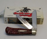 WINCHESTER BURNT ORANGE BONE JIGGING SINGLE BLADE KNIFE AND BOX