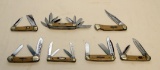 (7) FIGHT'N ROOSTERS VARIED BLADE KNIVES: 1 WITH 10 BLADES, ALL HAVE BONE T