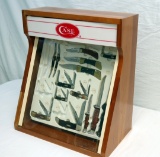 CASE KNIVES DISPLAY CASE W/ 14 VARIED CASE HUNTERS, JACK AND OTHER KNIVES W