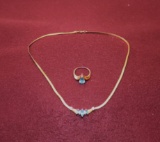 RING & NECKLACE SET WITH AQUAMARINE STONE, 14K GOLD