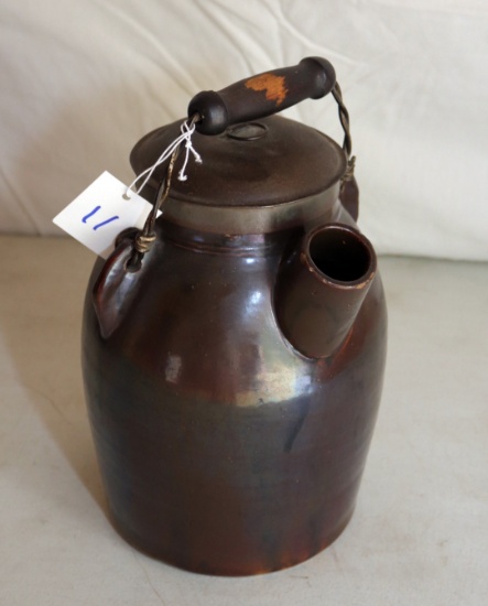 STONEWARE BATTER JUG W/METAL LID AND WOODEN HANDLE, APPROX. 3/4 GALLON