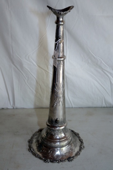 ANTIQUE FIREMAN'S PARADE TRUMPET, ETCHED SILVER, PRESENTED TO CHARLES WHALE