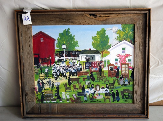 EMMA SCHROCK PAINTING, "THE AUCTION", DATED 3-1-1984, 19" X 15.5", BARN SID
