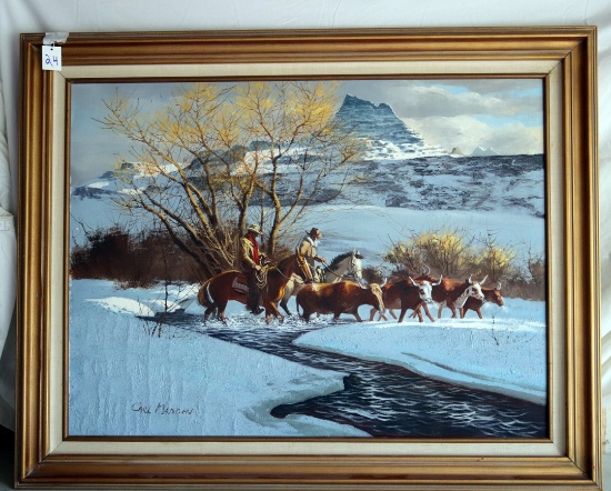 CARL MADDEN OIL PAINTING OF TWO COWBOYS DRIVING LONGHORNS, 39.5" X 30"