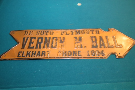 Advertising sign Vernon M. Ball Elkhart, De Soto Plymouth, approx. 30"