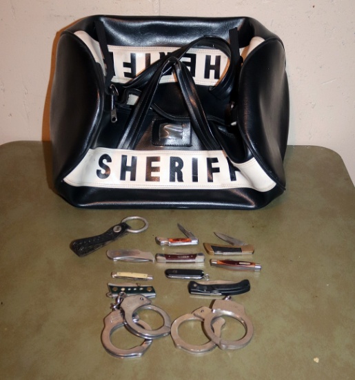 Vintage Sheriff duffle bag, (2) set of handcuffs and misc. pocket knives