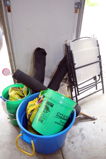 (2) Mesh foldable lawn chairs, (2) camp style chairs, lawn fertilizer by Anderson and other misc. it