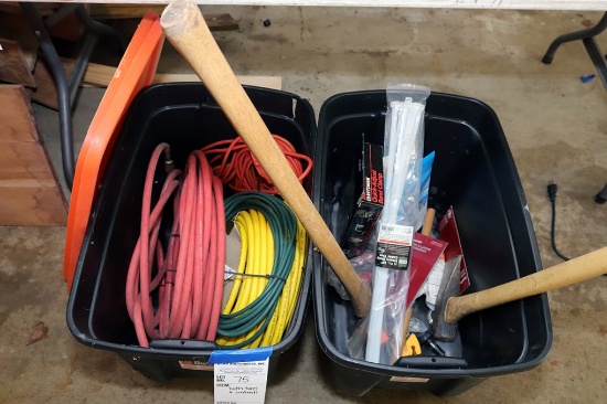 Contents of (2) totes: air hose and ext. cords, axe and mallets and other misc.