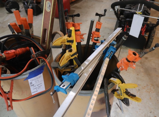 Contents of (2) barrels: Pony wood clamps, quick grip bar clamps and other misc.