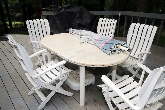 Patio furniture: Table and chairs with umbrella and cushions, chaise lounge and end table, flower po