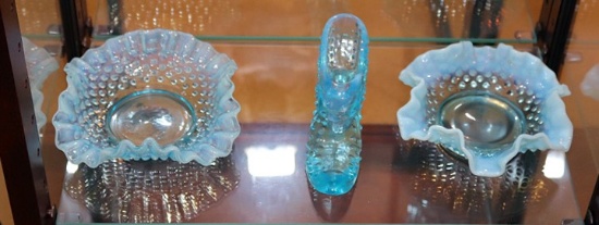 Contents of both curio cabinets: Blue opalescent hobnail glass