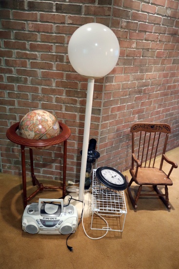 Floor globe, floor lamp, radio, clock, oil lamp with holder and child's rocker