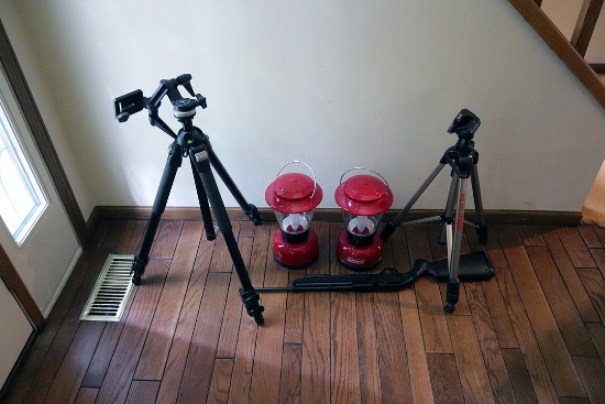 Pumpmaster BB gun, (2) tripods and (2) battery Coleman lanterns