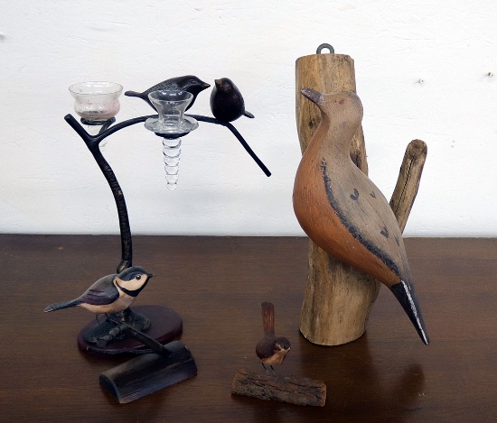 Wooden Hand Carved Dove by F & S and  Brass Birds