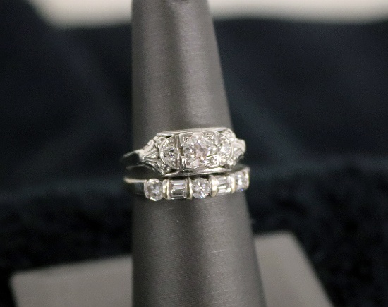 Antique Woman's 18k White Gold Engagement Ring Center Diamond Mine Cut w/ Vintage band