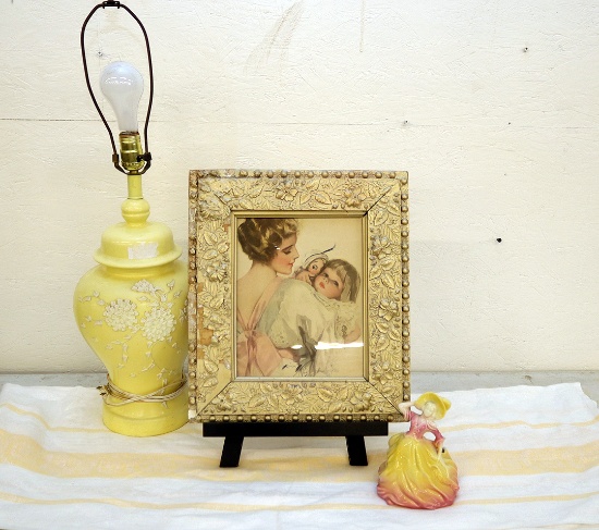 Harrison Fisher 1913 Framed Print and Table Lamp Lot