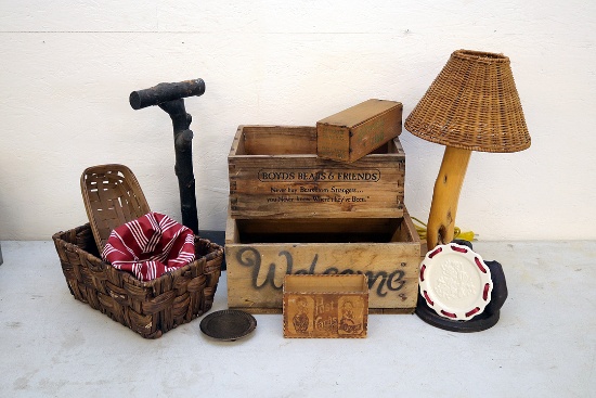 Lot of Vintage Wood Crates and Baskets and More