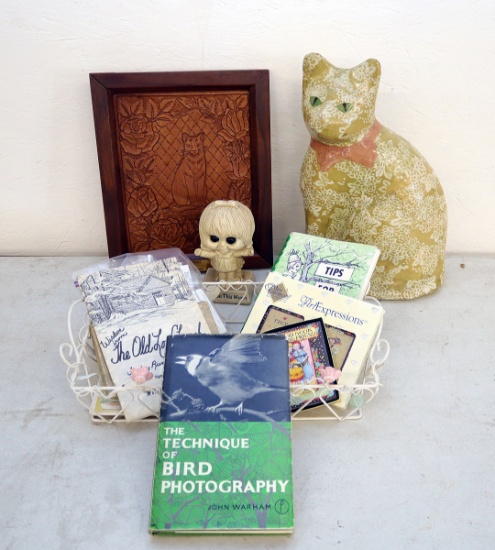 Leather Picture, Papier Mache Cat and Other Items
