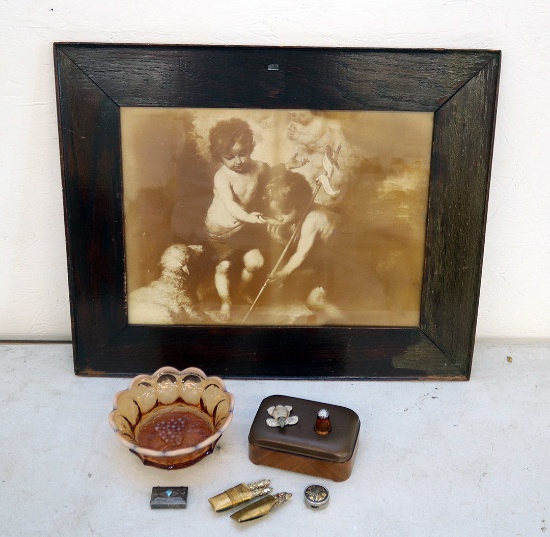Framed Cherub Picture, Vintage Pill Boxes and Other Items