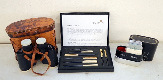 1920's Binoculars, Shick Razor and Nvizio Pen Set