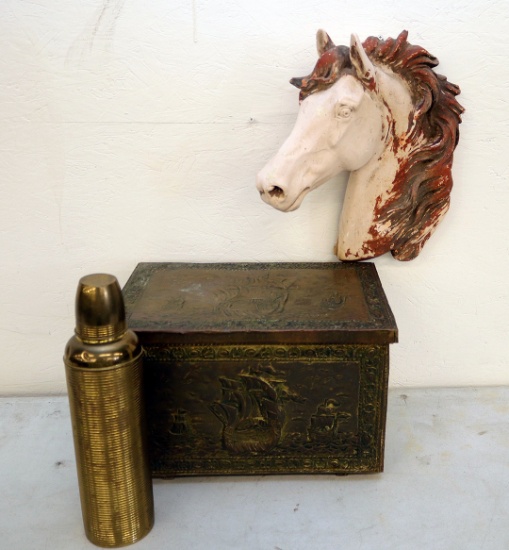 Brass Thermos, Horse Head Chalkware and Brass Nautical Style box
