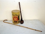Antique Handcarved Ladle, New Era Chip Can and Cane