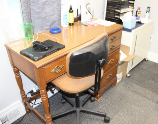 Rolling Metal Stand, Kneehole Desk w/ Office Chair, Small Wood Stand, & JVC