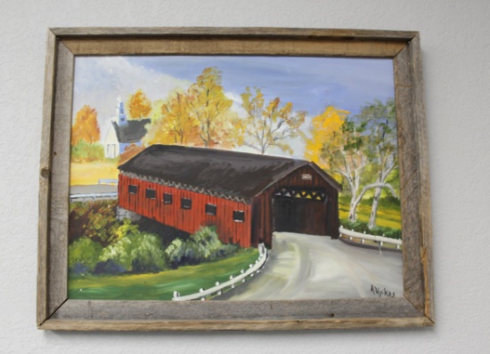 Oil on Canvas Covered Bridge Painting by A. Nyikos