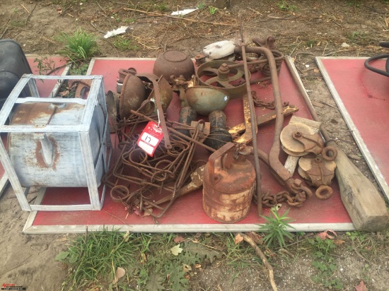 ASSORTED PRIMITIVES, CONIBEAR TRAPS, WATERERS, KEROSENE OIL LAMP FILLER, TOUNGE TRUCK WHEEL AND MORE