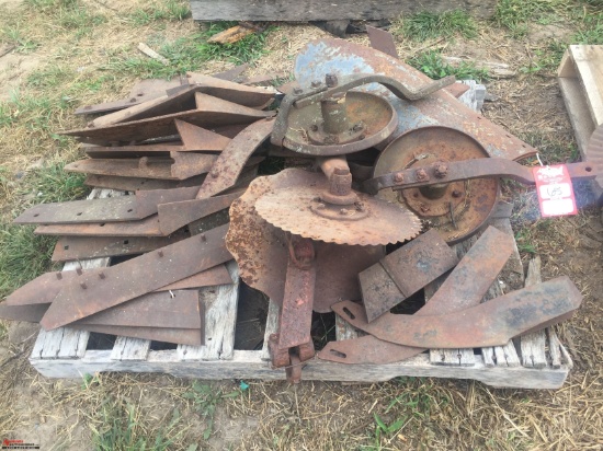 ASSORTED PLOW POINTS, MOLD BOARDS, TAIL WHEELS