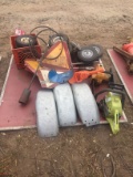 ASSORTED TRAILER WHEELS, FENDERS, AND SLOW MOVING SIGNS