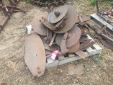 ASSORTED MOLD BOARDS, COULTERS, TAIL WHEELS