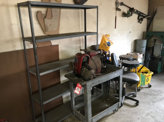 ASSORTED CHAIRS/STOOLS, MOP BUCKET, ROLLING CART, METAL SHELF, AND DRUM DOKTER BRAKE DRUM RECONDITIO
