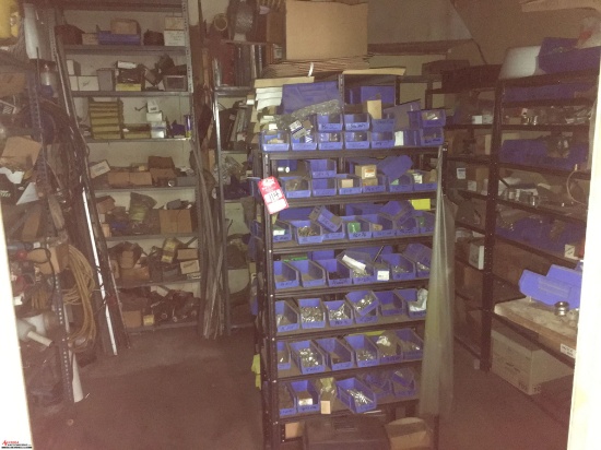 CONTENTS OF PARTS ROOM, INCLUDES ASSORTED PARTS, TOOLING, SHELVING AND FASTENERS