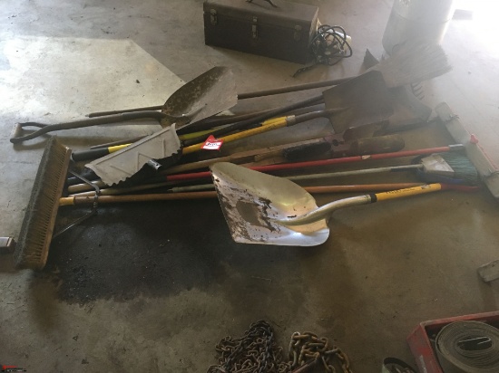 ASSORTED YARD TOOLS, INCLUDES SHOVELS, BROOMS AND MORE