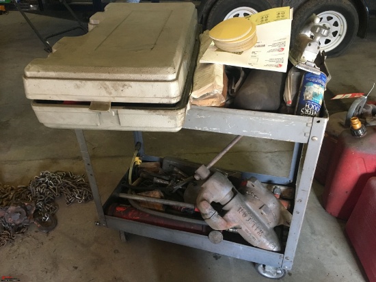 PLASTIC ROLLING CART WITH CONTENTS, INCLUDES VISE AND MORE