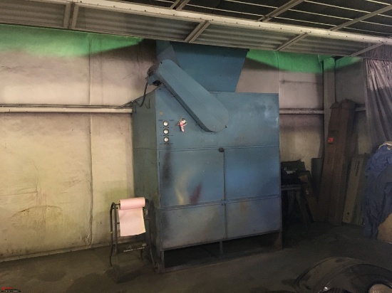 PAINT BOOTH, HAS OVERHEAD LIGHTS, OVERHEAD CURTAIN ENCLOSURE, LARGE FUME TYPE EXTRACTOR, ALSO COMES 