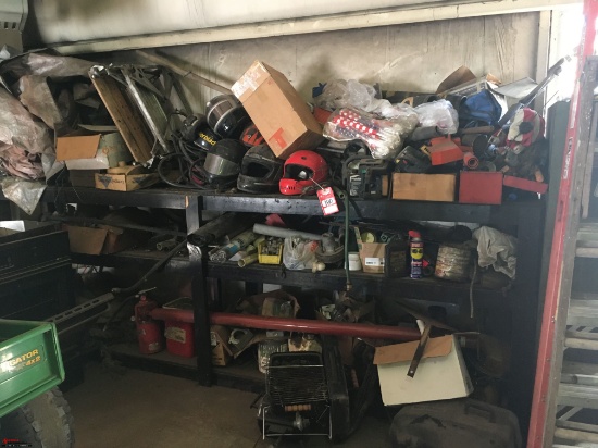 WOODEN BENCH WITH CONTENTS, TO INCLUDE RACING HELMETS, ENGINE PARTS, CHAIN SAWS, TARP AND MORE