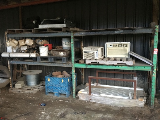 PALLET RACK AND CONTENTS, INCLUDES REEL OF WIRE ROPE, ASSORTED AUTO PARTS AND MORE