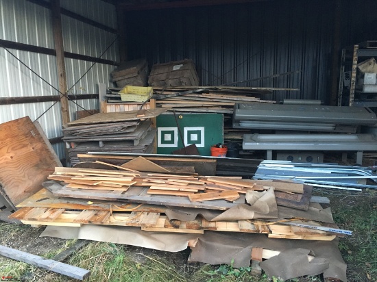 ASSORTED WOOD, PLYWOOD, TANNING BED, GARAGE DOOR OPENER AND RAILS