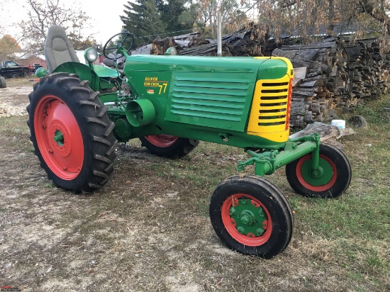 OLIVER ROW CROP 77 TRACTOR, 1954, APPEARS TO BE RESTORED, PARADE READY, 12.4-38 REAR TIRES, HAS REAR
