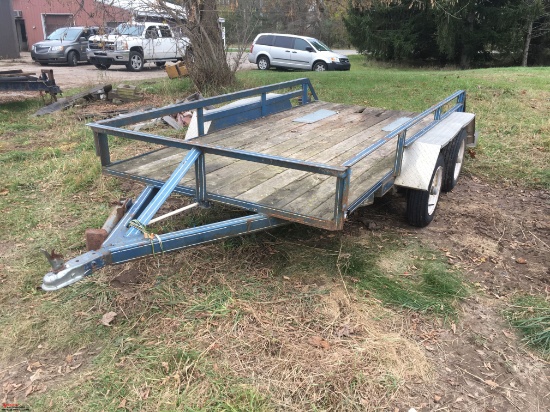 DOUBLE AXLE TRAILER, 120" x 60" WOOD DECK, SOME ROTTED WOOD, SOME RUST, 2" BALL, SELLS WITH BILL OF