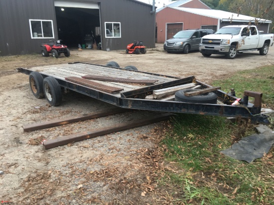 DOUBLE AXLE TRAILER, 193" x 75" WOOD DECK, HAS RAMPS, 2 5/16" BALL, RUST ON TRAILER, SELLS WITH BILL