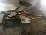 ASSORTED YARD TOOLS, INCLUDES SHOVELS, BROOMS AND MORE
