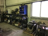ASSORTED ENGINES, CAR PARTS, AND WOODEN SHELF