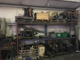 STEEL RACK WITH ASSORTED CAR ENGINES AND CAR PARTS, ALSO INCLUDES HEAVY DUTY ENGINE STAND