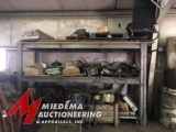 STEEL RACK WITH ASSORTED CAR ENGINES AND CAR PARTS, ENGINE STAND AND MORE