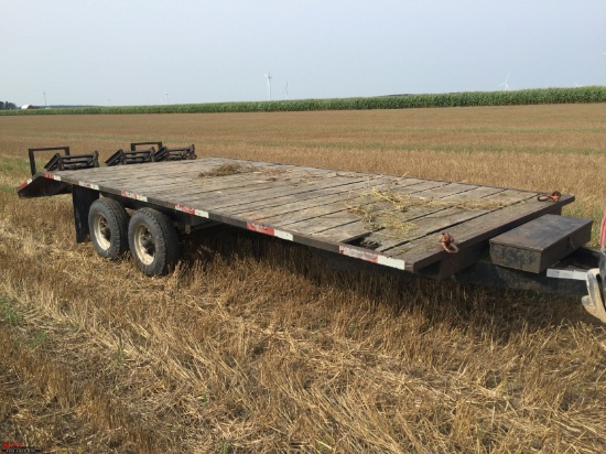 TANDEM AXLE IMPLEMENT TRAILER, WITH RAMPS, SOME BOARDS ARE BROKEN, APPROX 1