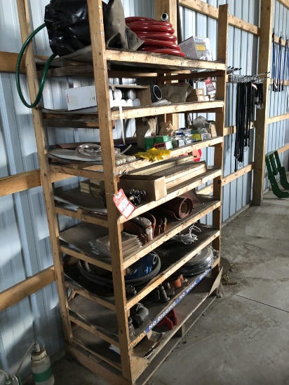 WOODEN STORAGE SHELF WITH ASSORTED SUPPLIES AND TOOLS