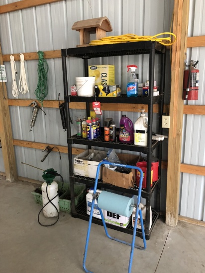 5-TIER STORAGE RACK, INCLUDES EXTENSION CORDS, GREASE GUNS, DEF FLUID, WD40